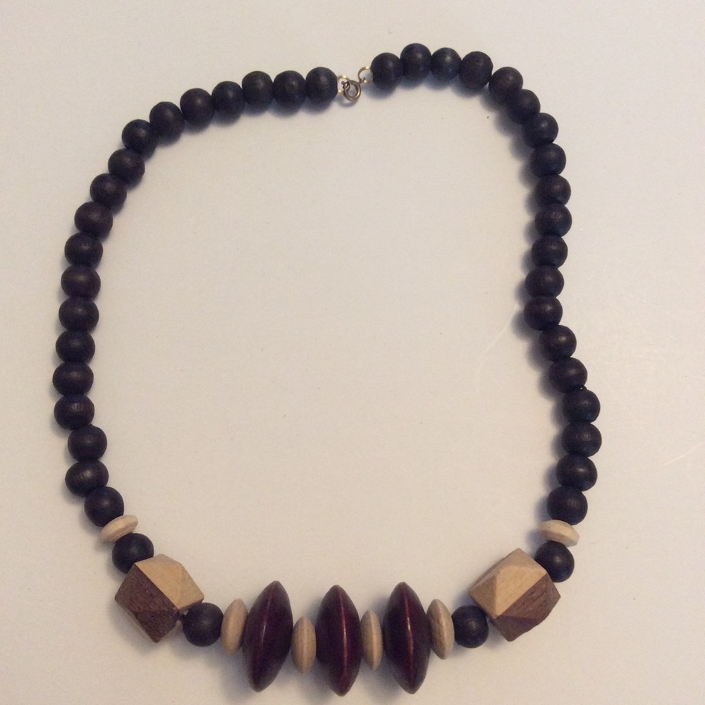 Wood beaded necklace choker brown & cream bjr